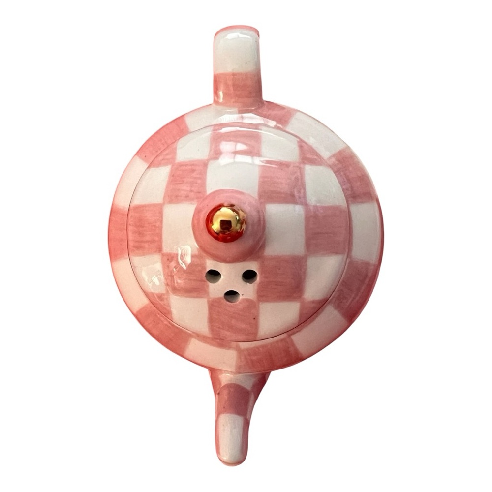 Mackenzie-Childs NWT in gift box gorgeous Rosy Check Teapot Salt & Pepper set - Picture 12 of 14